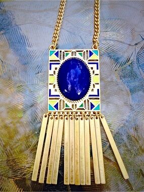 📿Gold Tone Blue/Yellow/Green Tribal Necklace
